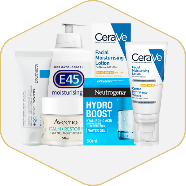 Collection of skincare products including CeraVe, E45, Neutrogena, and Aveeno on a white background.