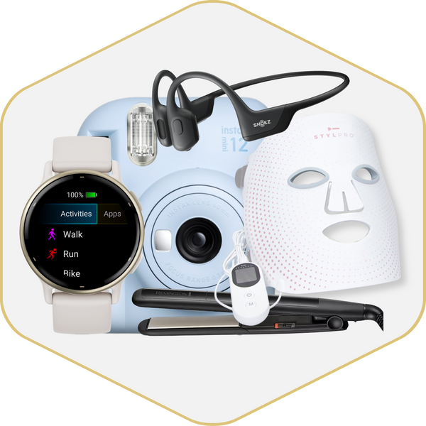 Collection of fitness and personal care products including a smartwatch, headphones, speaker, face mask, and hair straightener on a white background.