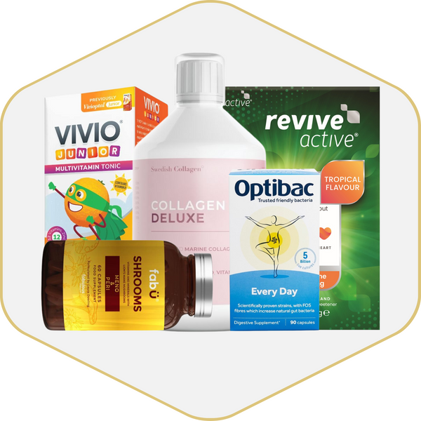 Collection of health and wellness products including Vivio Junior, Collagen Deluxe, Optibac, and Fabu on a white background.
