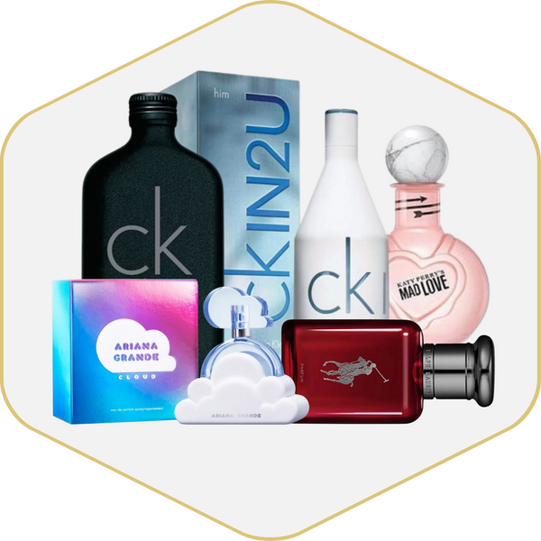 Collection of various perfumes and packaging on a white background