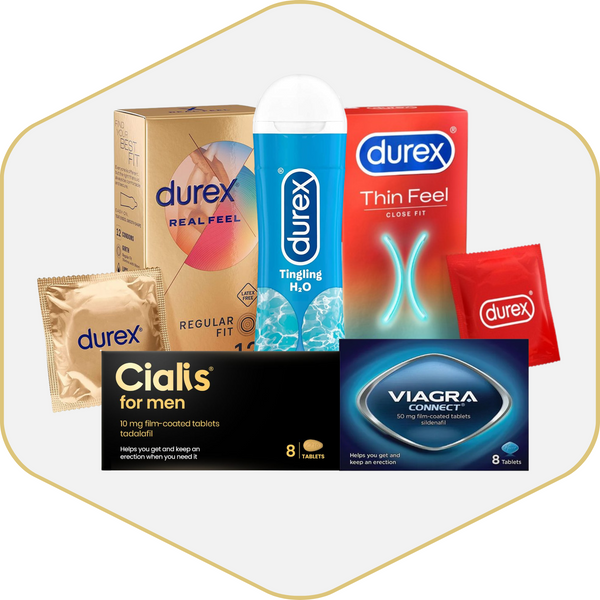 Collection of Durex products including condoms on a white background.