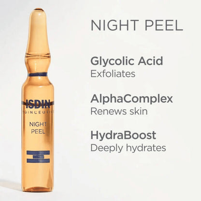 Night peel: Glycolic Acid, exfoliates, AlphaComplex, Renews Skin, hydraboost, deeply hydrates