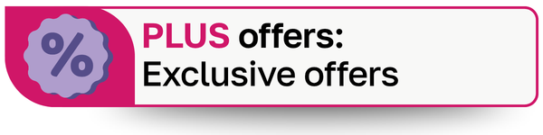 Promotional banner with 'PLUS offers: Exclusive offers' text on a white background