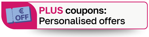 Promotional banner with 'PLUS coupons: Personalised offers' text and a discount icon on a white background.