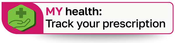 Logo with text 'MY health: Track your prescription' on a pink background