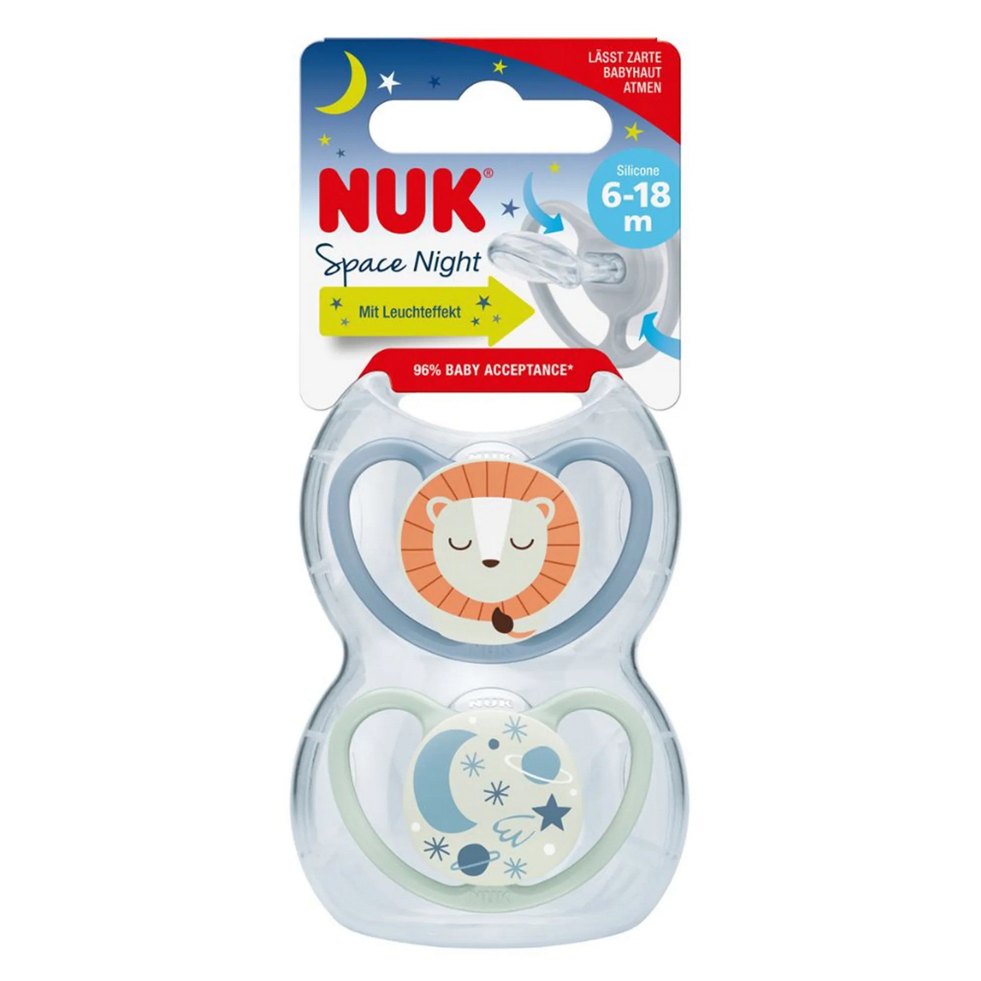 NUK Space Night Lion Blue 6-18 Months Soother 2 Pack