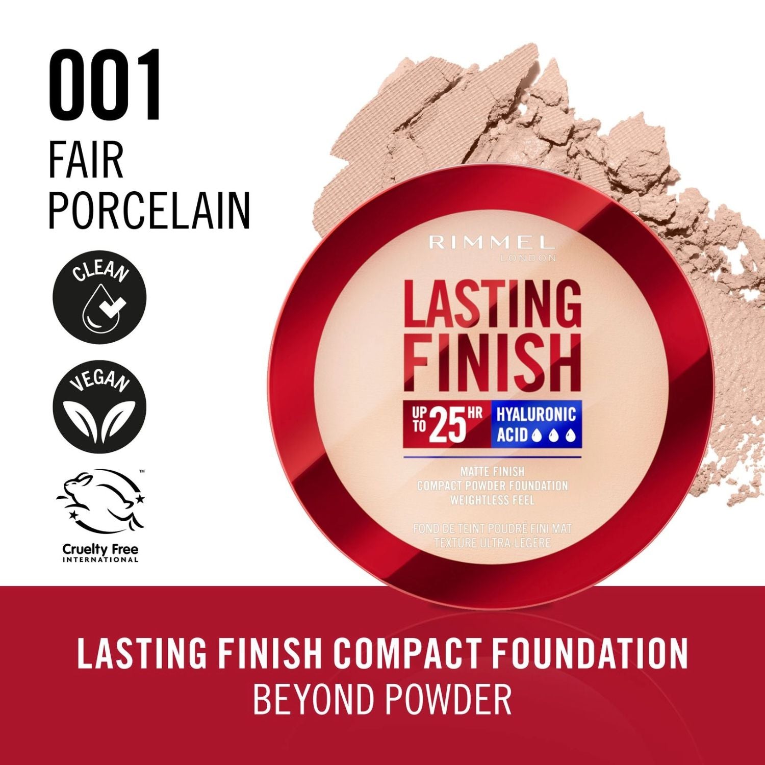 Rimmel Lasting Finish compact foundation with product details on a white background