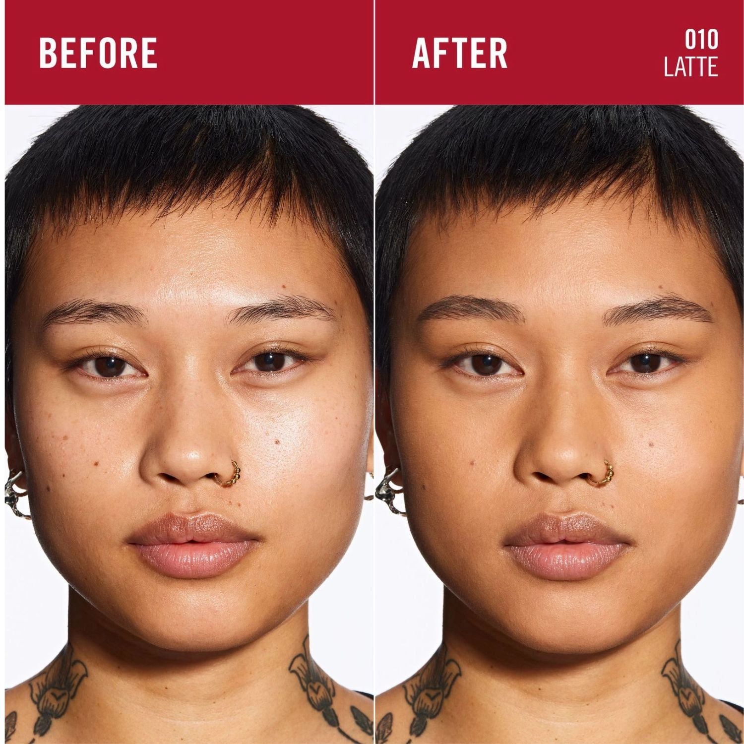 Before and after comparison of a person with a cosmetic product applied, labeled &