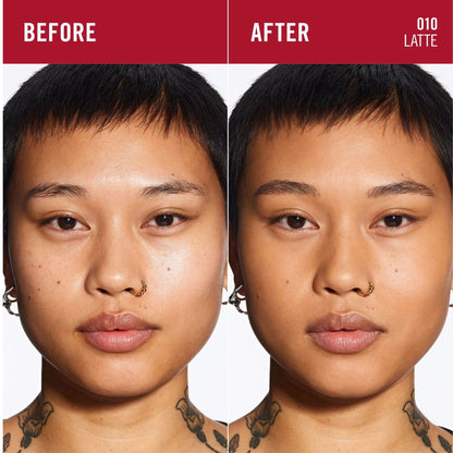 Before and after comparison of a person with a cosmetic product applied, labeled &