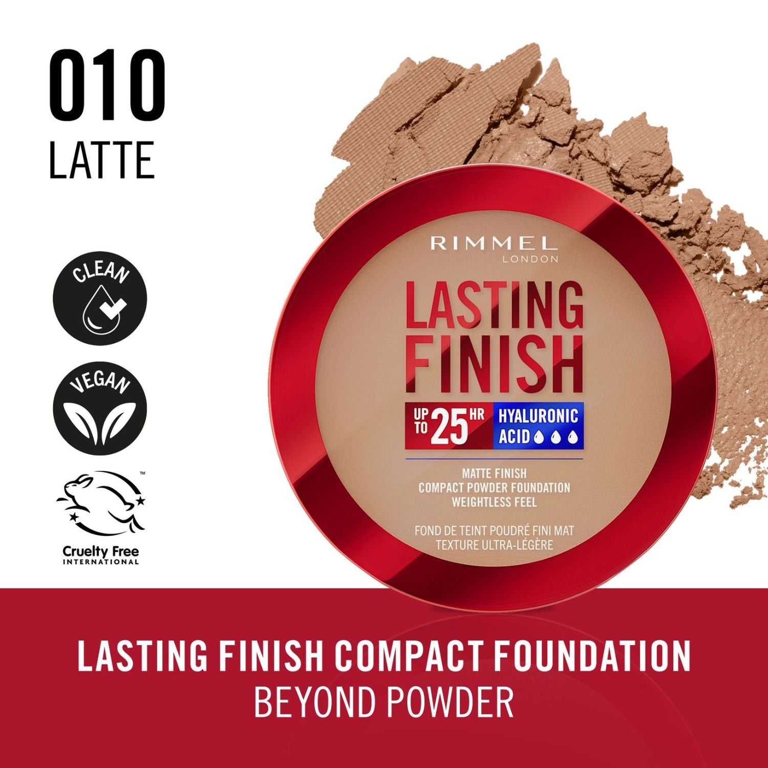 Rimmel Lasting Finish compact foundation with latte color swatch on a white background