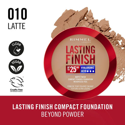 Rimmel Lasting Finish compact foundation with latte color swatch on a white background