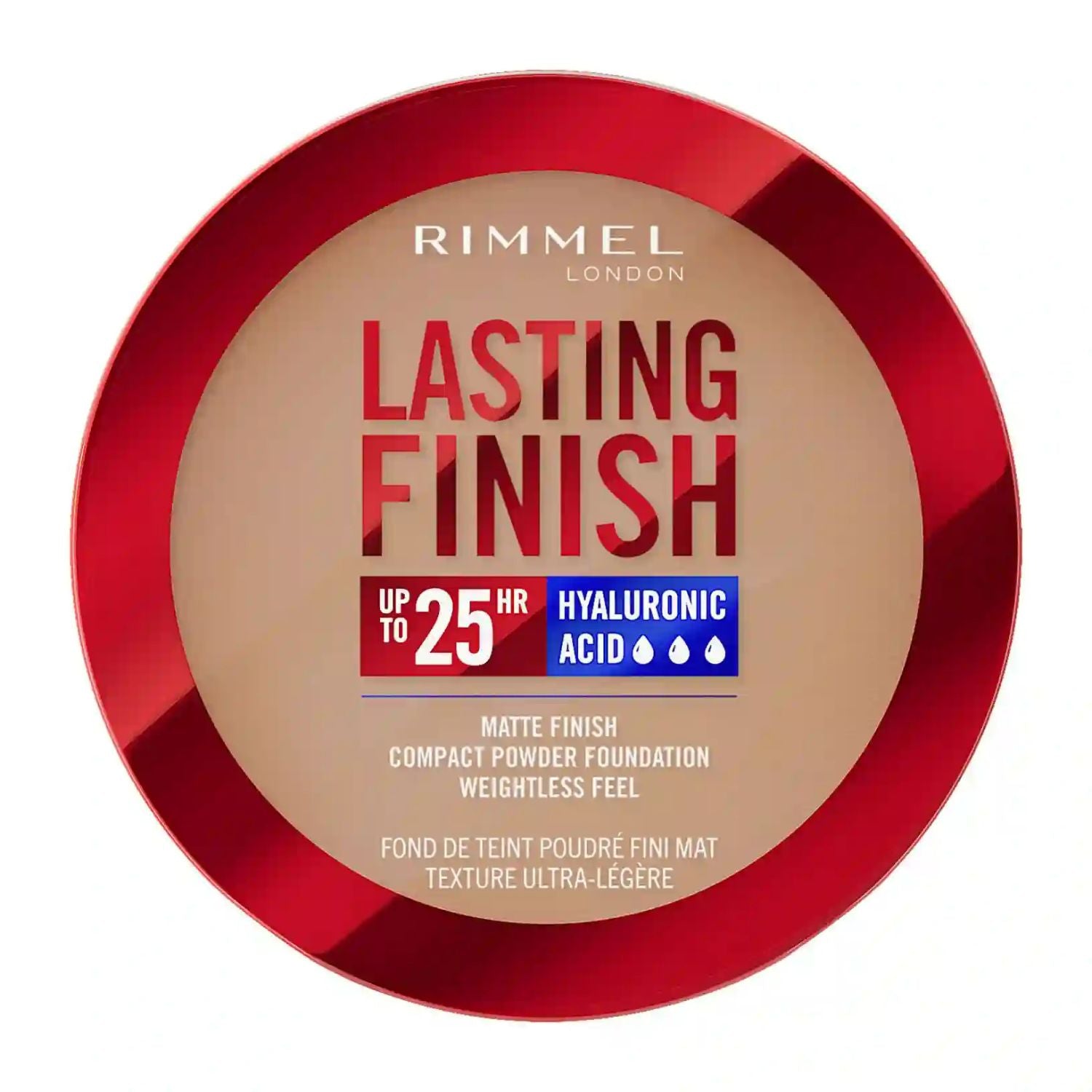 Rimmel London Lasting Finish compact powder foundation with red lid on a white background
