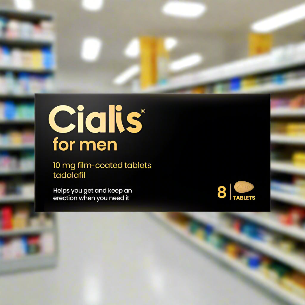 Packaging of Cialis for Men 10mg, containing 8 film-coated tablets, with branding and dosage information.