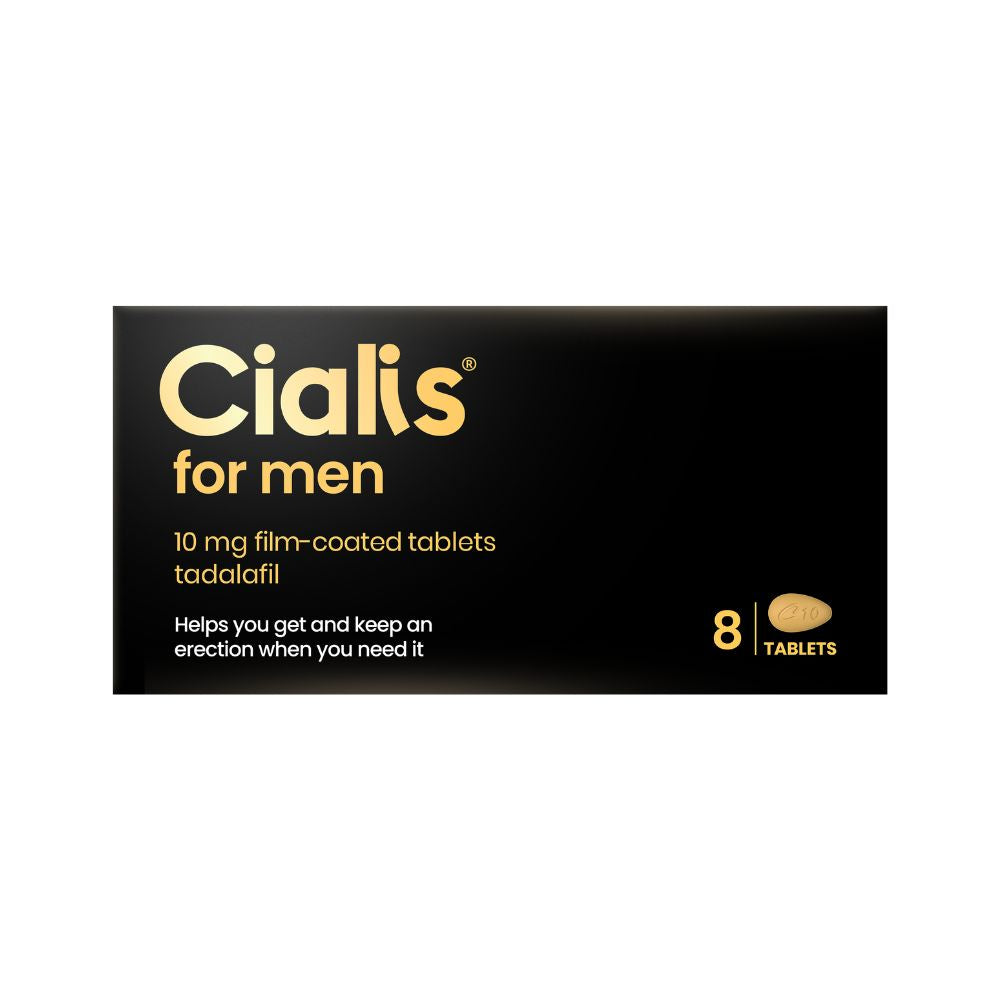 Cialis packaging for men with black background and gold text
