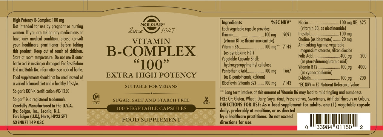 Solgar Vitamin B-Complex Extra High Potency Vegetable Capsules 100s