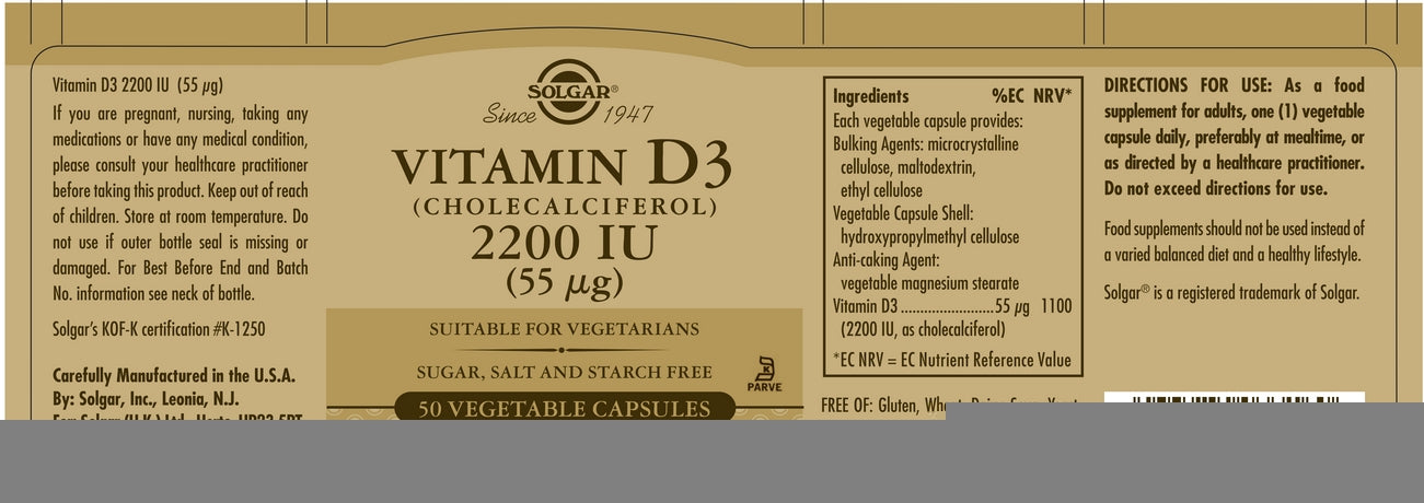 Solgar Vitamin D3 2200 IU (55 Âµg) Vegetable Capsules 50s