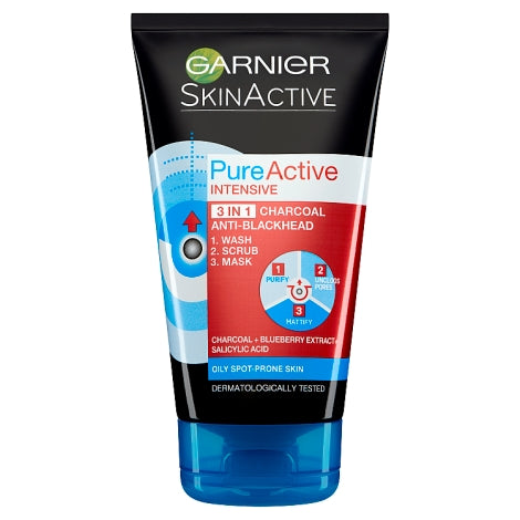 Garnier Pure Active Intensive 3 in 1 Charcoal Anti-Blackhead Wash Scrub &amp; Mask