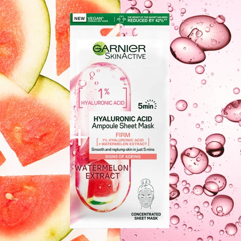 Garnier Skinactive Face Watermelon Ampoule Sheet Mask Front Fruit Background