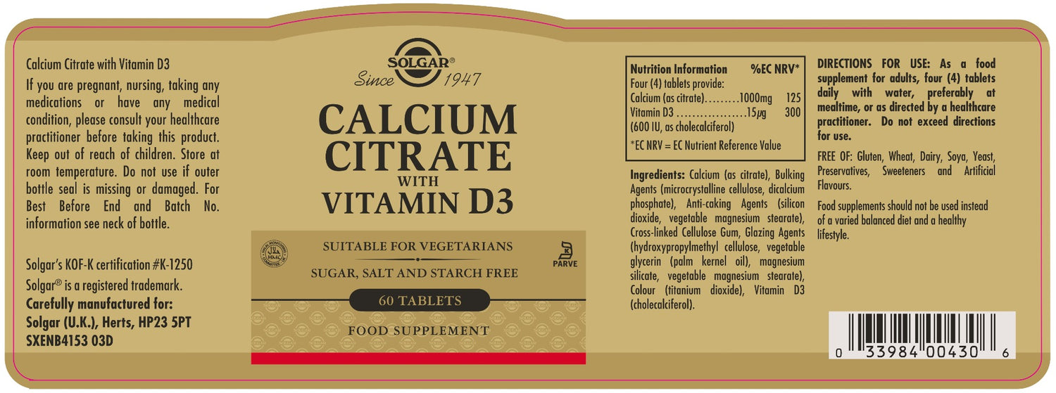 Solgar Calcium Citrate with Vitamin D3 Tablets