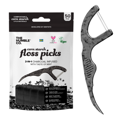 The Humble Co Corn Starch Floss Picks Mint 2 in 1 Charcoal Infused 50 Pack
