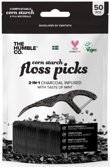 The Humble Co Corn Starch Floss Picks Mint 2 in 1 Charcoal Infused 50 Pack